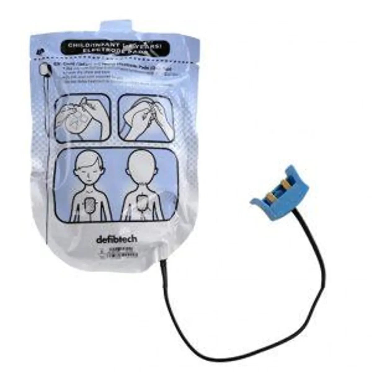 Defibtech elektrodepad for barn til hjertestarter, med illustrasjoner for bruk