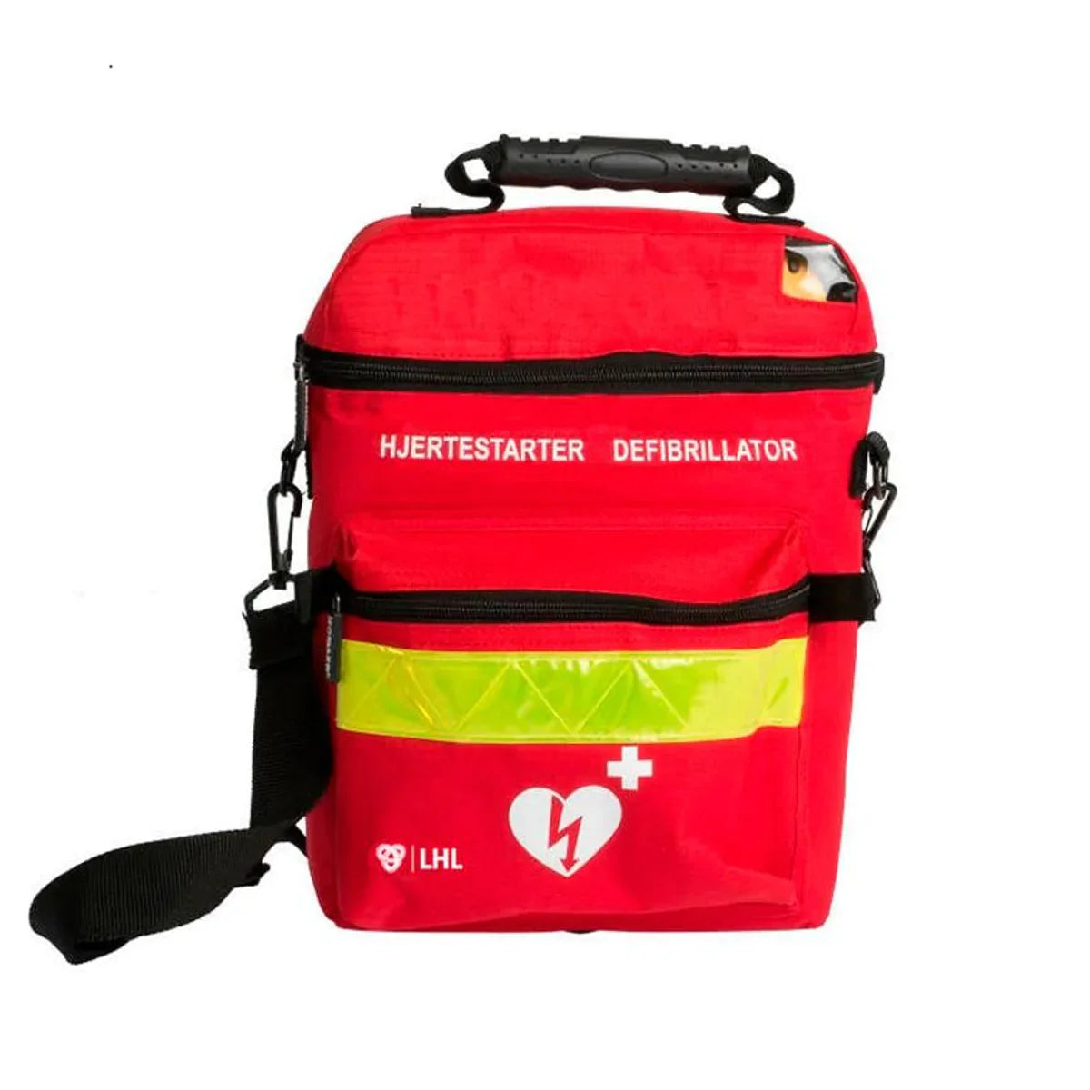 Rød hjertestarter veske med refleksbånd, bærehåndtak og skulderstropp, tydelig merket defibrillator.