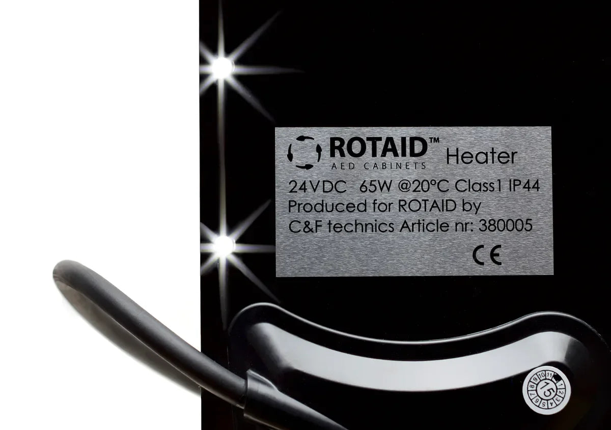 Rotaid varmesystem for hjertestarterskap, detalj med teknisk spesifikasjon, IP44, 24VDC.