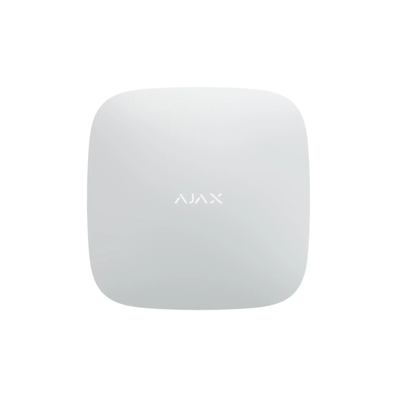 Hvit Ajax alarmsentral for sikkerhetssystem, minimalistisk design, sett forfra mot hvit bakgrunn