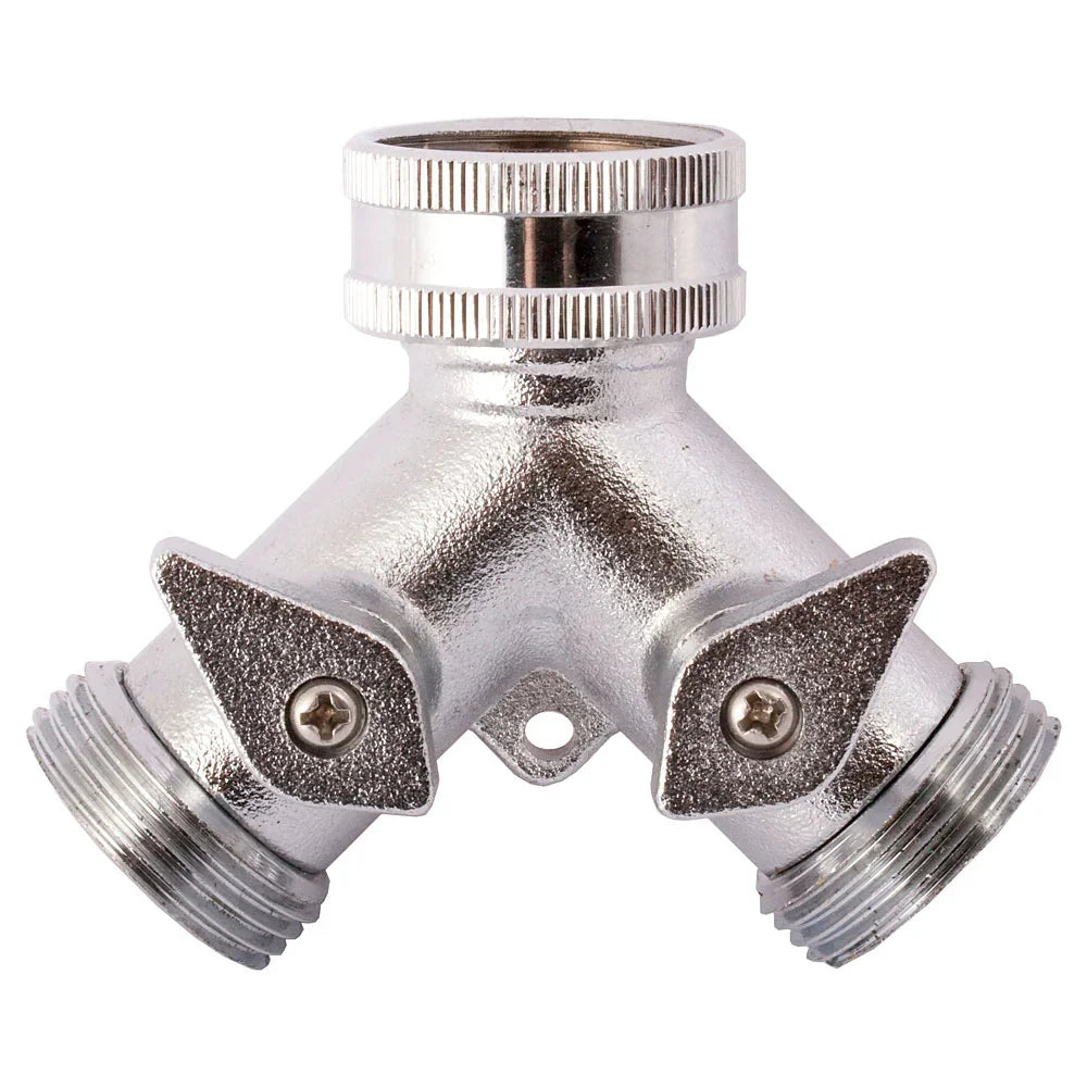 Y-formet kuleventil i metall for vannslange, to uttak, hendler for regulering