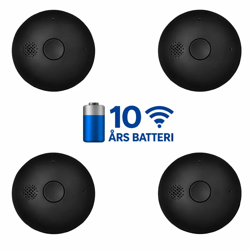 Fire svarte røykvarslere med 10 års batteri illustrert i midten.
