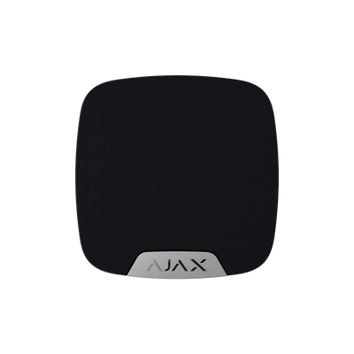 Sort trådløs utendørs sirene med metallskilt, Ajax logo, alarmsystem for sikkerhet