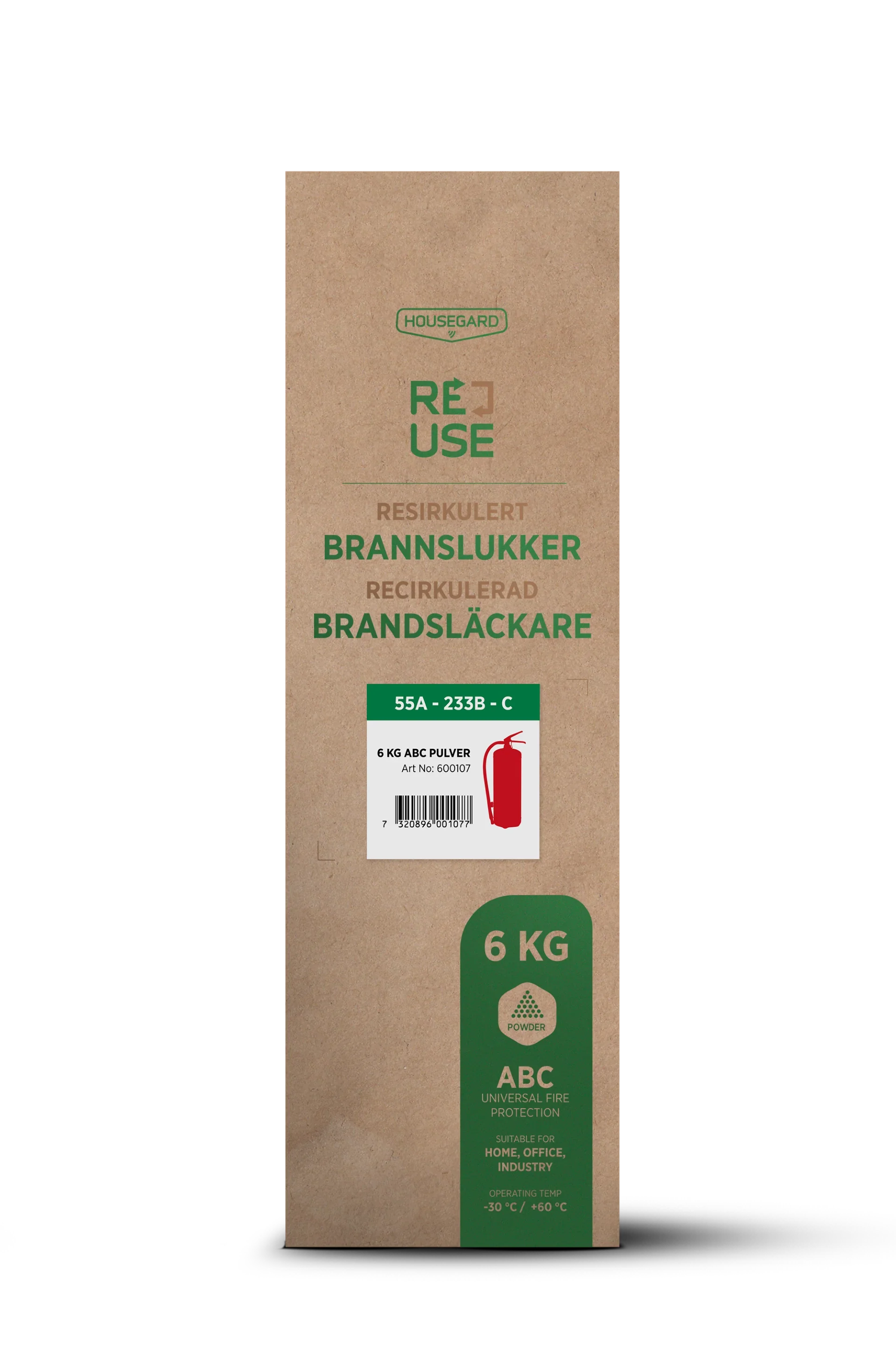 Pakke med 6 kg resirkulert brannslukker, ABC pulver, miljøvennlig brannvern.