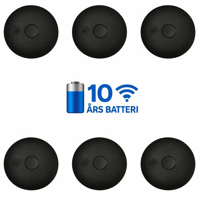Seks svarte røykvarslere med 10 års batteri, illustrert med blått ikon