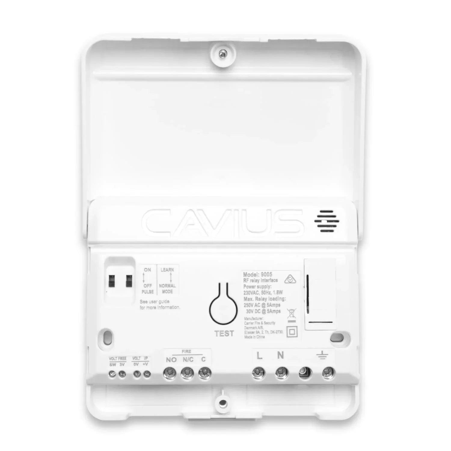 CAVIUS RF relégrensesnitt for brannvarsling, åpen hvit enhet med terminaler og testknapp