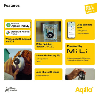 Funksjonsoversikt for Aqila Bluetooth sporingsbrikke, vanntett IPX67, lang batteritid og kompatibel med Android og iOS.
