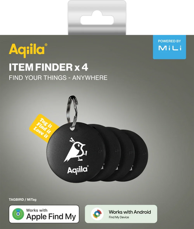 Sett med fire sorte nøkkelbrikker for sporing, kompatible med Apple Find My og Android.