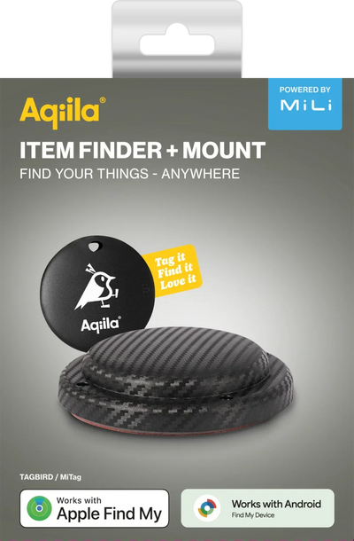 Aqiila sporingsbrikke med karbonfibermontering, kompatibel med Apple Find My og Android.