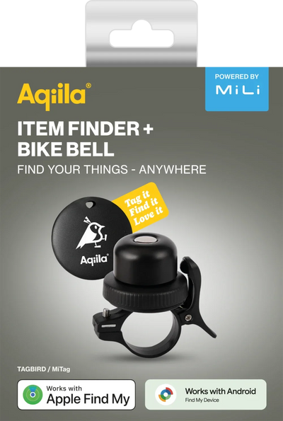 Aqiila gjenstandsfinner og sykkelbjelle, kompatibel med Apple Find My og Android-enheter.