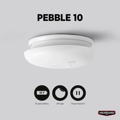 Røykvarsler Pebble 10 montert i tak, 10 års batteri, 3M tape, pausefunksjon, Housegard-logo