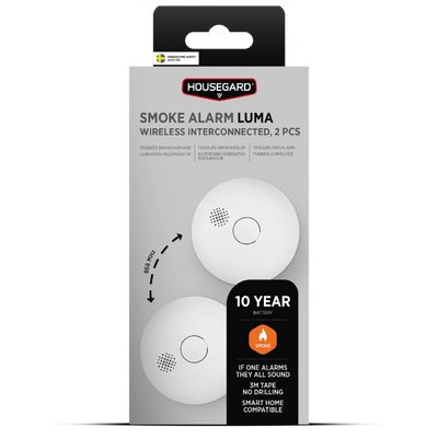 Housegard Luma trådløs, seriekoblet røykvarsler inkl. 10-års batteri, 2-pack - Trygg365
