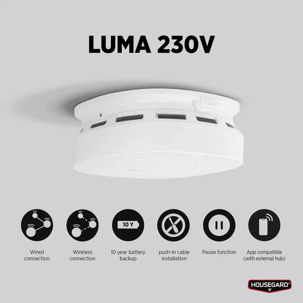Luma 230V røykvarsler med ledning og trådløs tilkobling, 10 års batteribackup, app-støtte