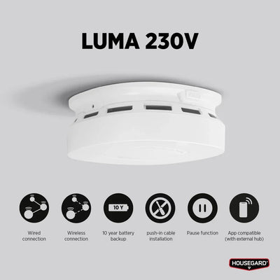 Luma 230V røykvarsler med ledning og trådløs tilkobling, 10 års batteribackup, app-støtte