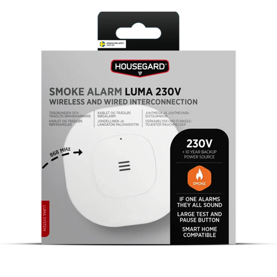 Housegard Luma 230V røykvarsler i eske, trådløs og kablet brannalarm, smart kompatibel