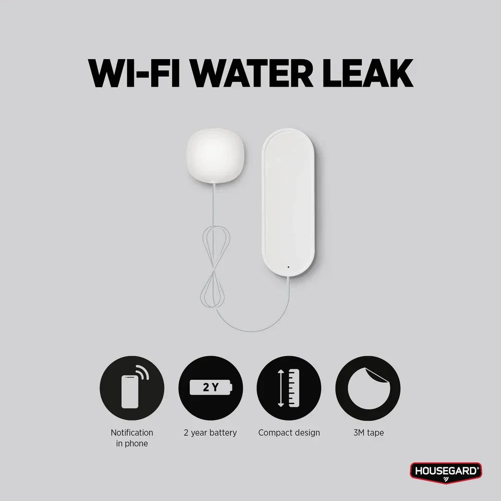 WiFi vannlekkasjedetektor med sensor, 2 års batteri, kompakt design og 3M-tape.