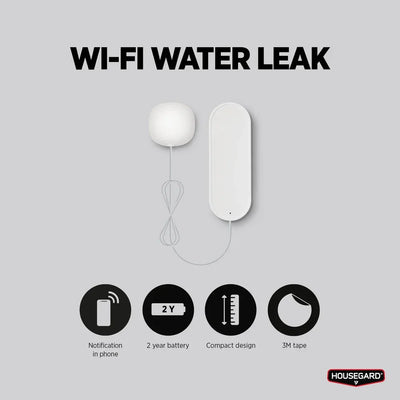 WiFi vannlekkasjedetektor med sensor, 2 års batteri, kompakt design og 3M-tape.