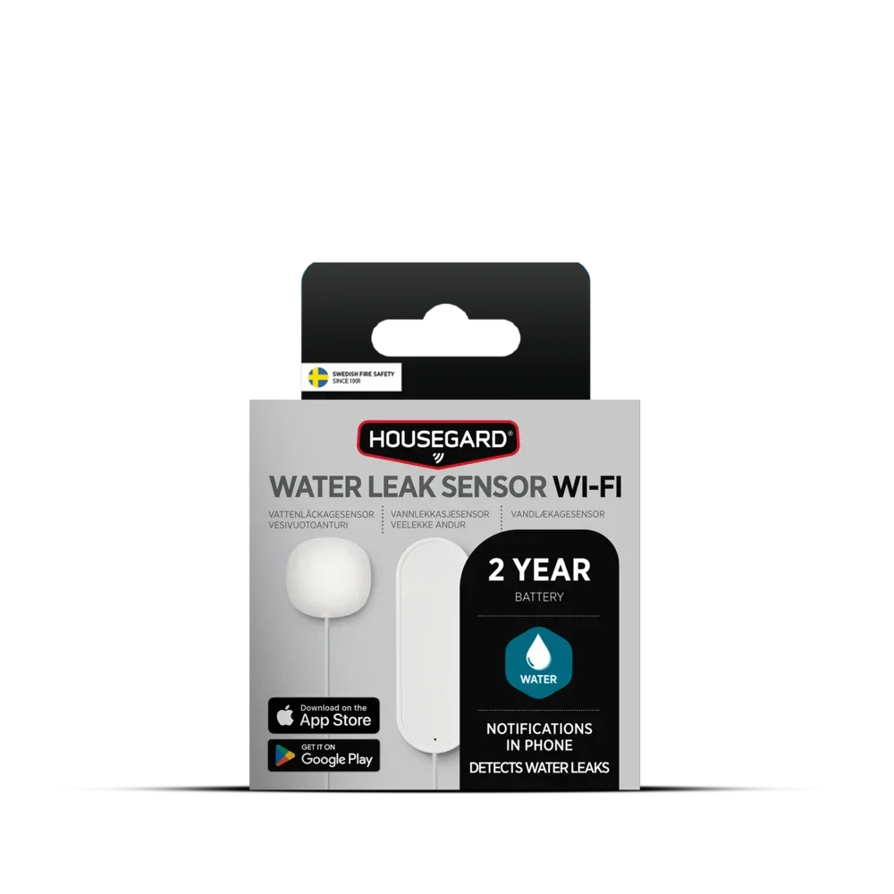 Housegard vannlekkasjesensor WiFi for varsling om vannlekkasje, 2 års batteri, grå eske.