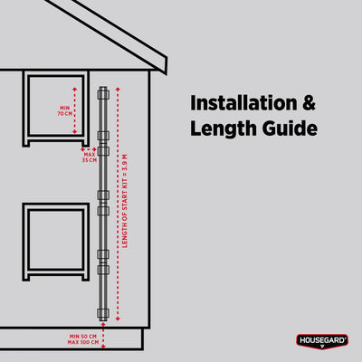 Illustrasjon av monteringsguide for rømningsstige med mål, sikkerhetsutstyr bolig