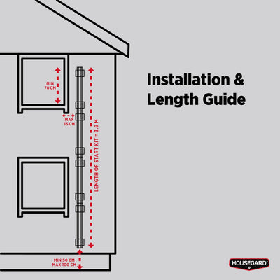 Installasjonsguide for rømningsstige med mål, vinduer og husvegg, sikkerhetstiltak.