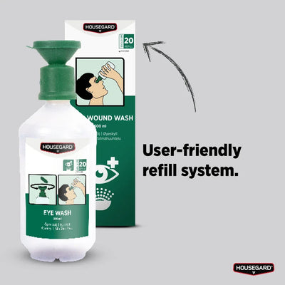 Øyeskylleflaske fra Housegard 500 ml foran grønn eske, lett brukervennlig refill.