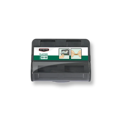 Housegard plasterdispenser for førstehjelpsutstyr, veggmontert, svart plast med instruksjonsbilde.