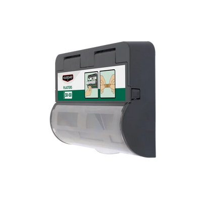 Vegghengt dispenser for plaster, med illustrasjoner for bruk, førstehjelpsutstyr