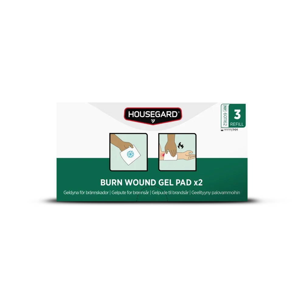 Housegard gelpute for brannskader, to gel pads for behandling av mindre brannskader.