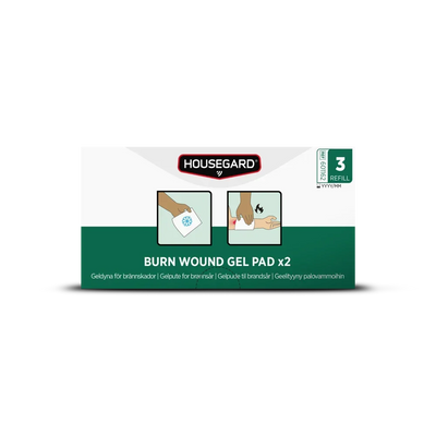 Housegard gelpute for brannskader, to gel pads for behandling av mindre brannskader.
