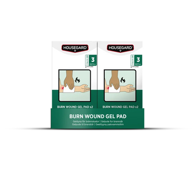 Housegard burn wound gel pads til brannskader i grønn og hvit eske, illustrasjon av bruk.