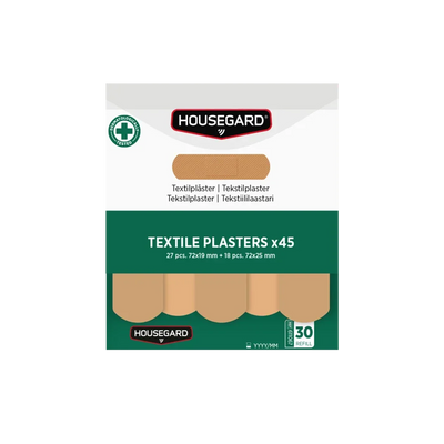 Eske med 45 tekstilplaster i to størrelser, førstehjelpsutstyr, grønn og hvit pakke.