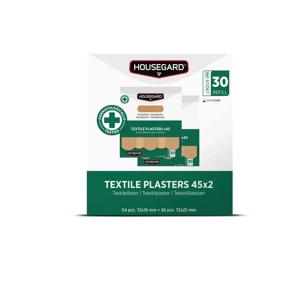 Pakke med Housegard tekstilplaster, 54 stk 72x19 mm og 36 stk 72x25 mm, refill for førstehjelpsutstyr