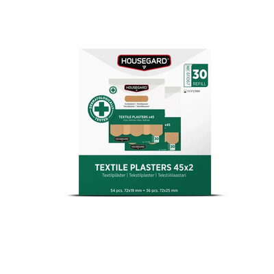 Pakke med Housegard tekstilplaster, 54 stk 72x19 mm og 36 stk 72x25 mm, refill for førstehjelpsutstyr
