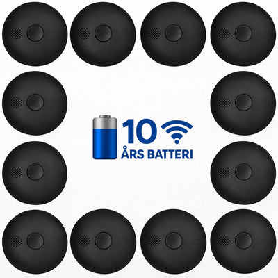 Pakke med 10 sorte røykvarslere med 10 års batteri, trådløs funksjon, brannsikring.