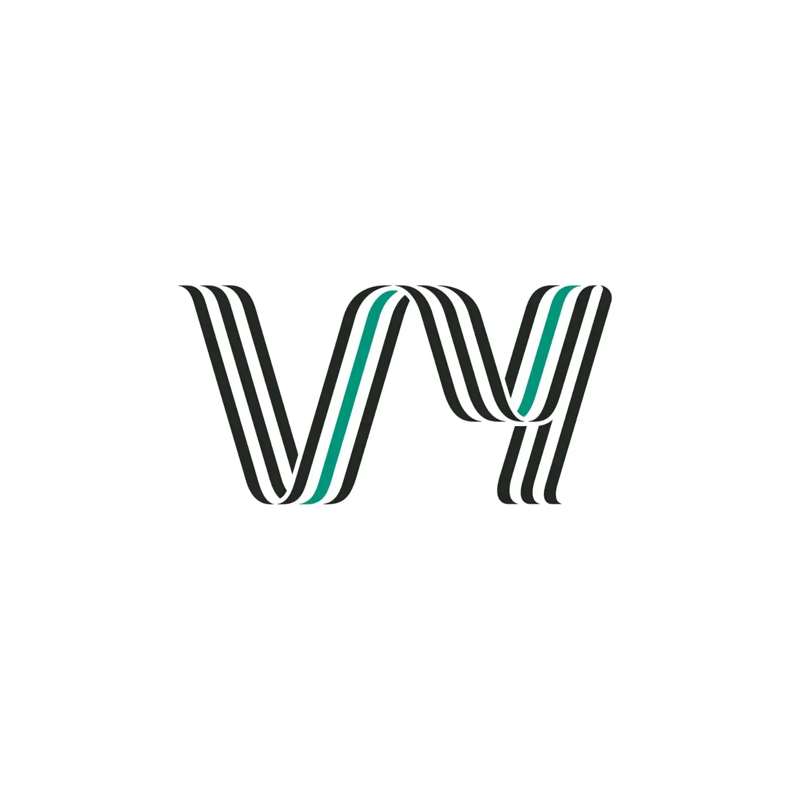 Abstrakt logo med bokstavene VY i sorte og grønne linjer på hvit bakgrunn.