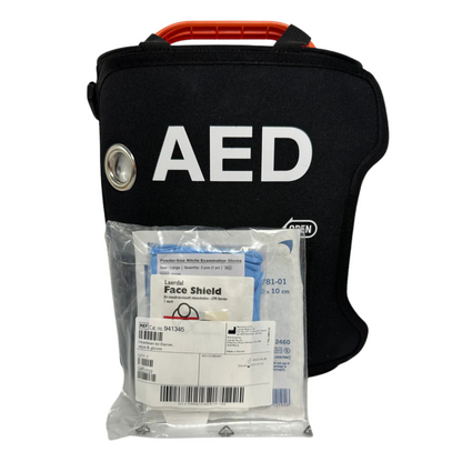 Beskyttende oppbevaring med komplett tilbehør for hjertestarter