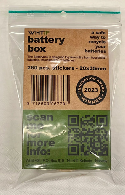 Pakke med 260 batteriklistremerker, 20x35mm, for sikker resirkulering av batterier.
