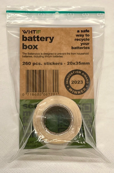 Rull med sikkerhetsklistremerker for batterier, 260 stk, pakket i gjennomsiktig pose.