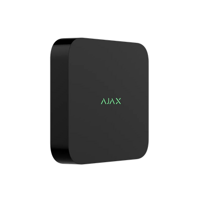 Sort nettverksvideoopptaker med grønn 'AJAX' logo, sikkerhetskameraovervåking