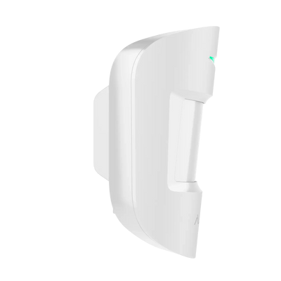Hvit bevegelsesdetektor for innendørs bruk, moderne og diskret design, sett fra siden