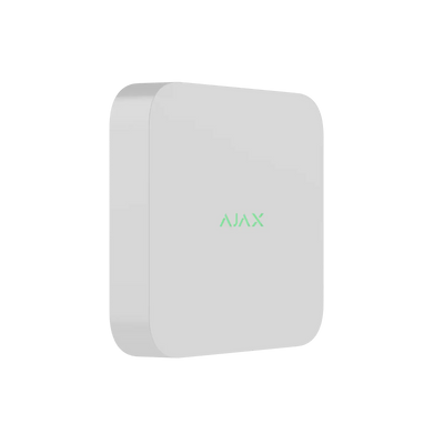 Hvit Ajax NVR sikkerhetsboks sett fra skrå vinkel, moderne design for overvåking