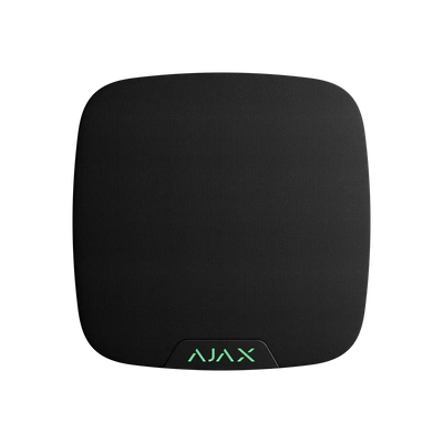 Svart Ajax høyttaler for alarmsystem, sett forfra med grønn logo, isolert bakgrunn