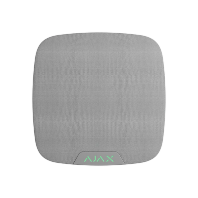 Hvit trådløs alarmsirene til innendørs bruk med grønt LED-lys og AJAX-logo.