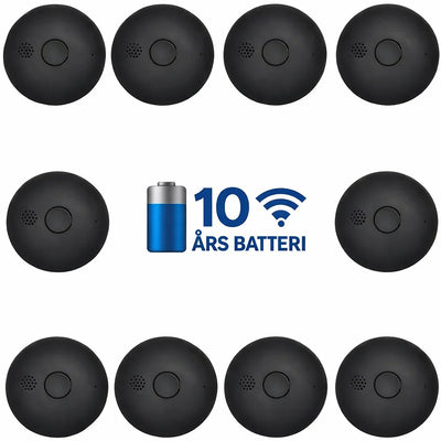 Pakke med ti svarte røykvarslere, 10 års batteritid, sikkerhetsutstyr for hjemmet.
