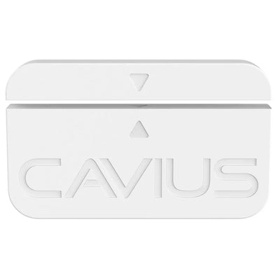 Hvit Cavius magnetbryter for sikkerhet, to deler med pilmarkering og gravert logo
