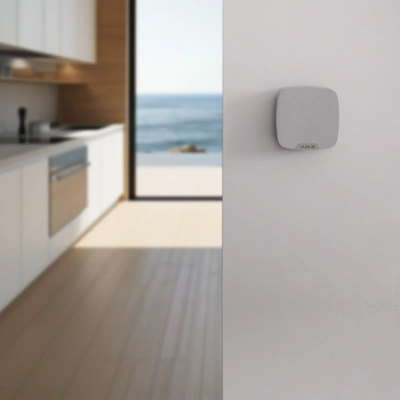 Hvit trådløs høyttaler eller alarmsirene montert på vegg i moderne stue med sjøutsikt