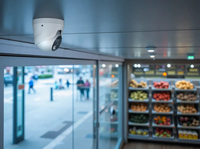 Overvåkningskamera montert i taket ved inngangen til supermarked med frukt og grønnsaker