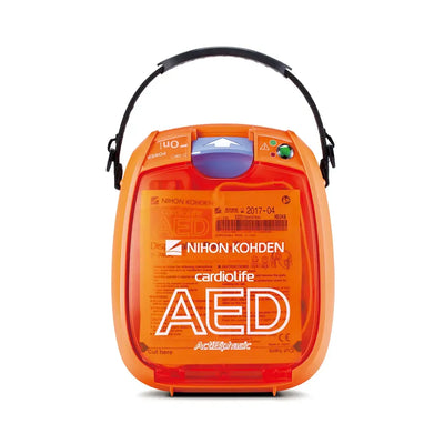 Nihon Kohden hjertestarter AED med oransje deksel og bærehåndtak, livreddende førstehjelpsutstyr