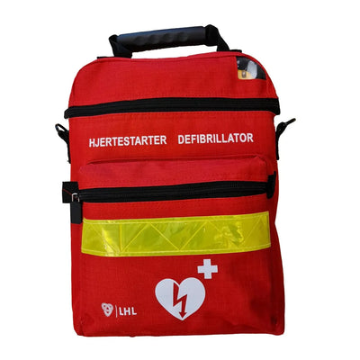 Rød hjertestarter bag med glidelås, refleksstripe og defibrillator-symbol for førstehjelp