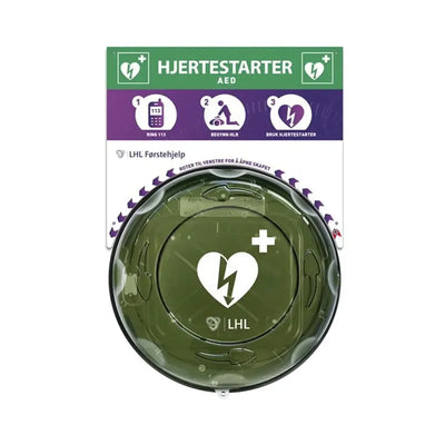 Vegghengt hjertestarter AED med instruksjoner, førstehjelpsutstyr for nødssituasjoner.